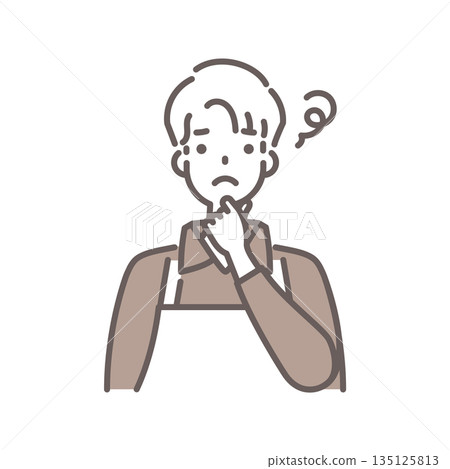 A simple line drawing of a man wearing a brown apron looking worried A simple line drawing of a man wearing a brown apron looking worried 135125813