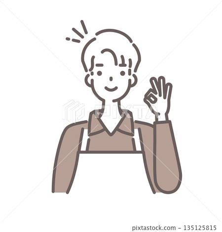 A simple line drawing of a man wearing a brown apron making an OK sign 135125815