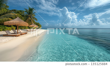 Tropical beach. Summer vacation on a tropical island with beautiful beach and palm trees. Tropical Maldives. 135125884