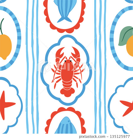 Seamless vector striped pattern. Mediterranean. Whimsical frames with lobster and lemon 135125977