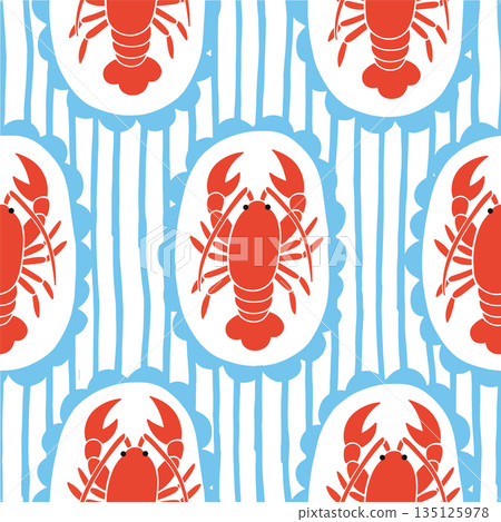 Seamless vector striped pattern. Mediterranean. Whimsical frames with lobsters 135125978
