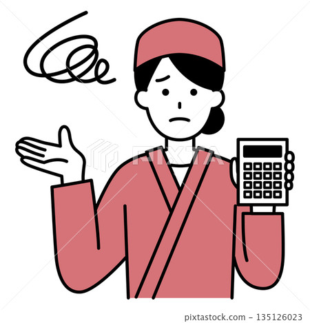 A female waitress at a Japanese restaurant holding a calculator and looking dissatisfied A female waitress at a Japanese restaurant holding a calculator and looking dissatisfied 135126023