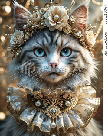 一隻戴著花冠的貓的肖像插畫 135126067