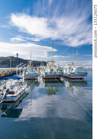 View of Katase Fishing Port overlooking Enoshima, Kanagawa Prefecture View of Katase Fishing Port overlooking Enoshima, Kanagawa Prefecture 135126075