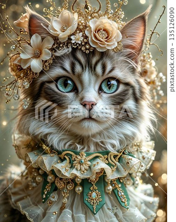 Portrait illustration of a cat wearing a flower crown 135126090