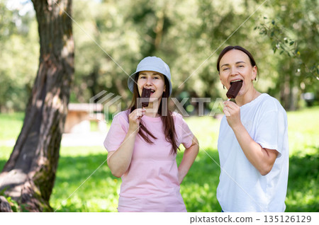 Chocolate ice cream on sticks eaten by two friends in summer park 135126129