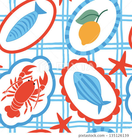 Seamless vector Mediterranean pattern. Whimsical wallpaper with lobster and lemons. Seamless vector Mediterranean pattern. Whimsical wallpaper with lobster and lemons. 135126139