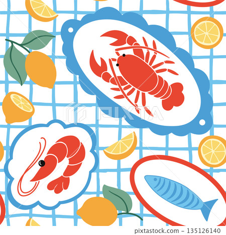 Seamless vector Mediterranean pattern. Whimsical wallpaper with lobster and lemons. 135126140