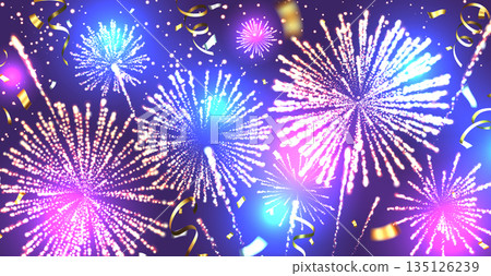 一幅描繪在藍紫色漸變背景上的閃亮煙火和彩帶的插圖 135126239