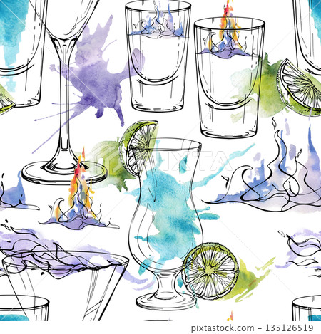 Soft cyan and lavender seamless pattern with clear alcoholic drinks, vodka tequila martini in flames, lime garnish. Watercolor splashes, ink outline hand drawn for branding, notebooks, digital prints. 135126519