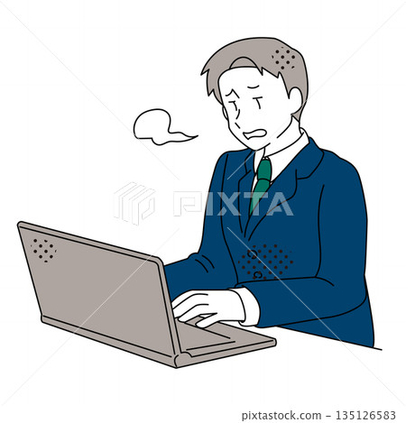 Illustration of a businessman sighing after working on a laptop Illustration of a businessman sighing after working on a laptop 135126583