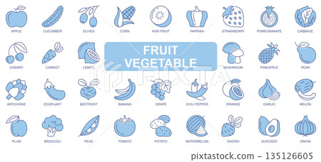 Fruit and vegetable icons set in duotone outline stroke design for web. Pack pictograms of apple, cucumber, olives, corn, kiwi, paprika, cabbage, cherry, lemon, mushroom, other. Vector illustration. Fruit and vegetable icons set in duotone outline stroke design for web. Pack pictograms of apple, cucumber, olives, corn, kiwi, paprika, cabbage, cherry, lemon, mushroom, other. Vector illustration. 135126605