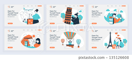 Travel and tourism concept of landing page with slide templates set in flat design. Website headers with people flying in trip, visit country sightseeing, hiking and camping. Vector illustrations. 135126608