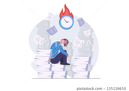 Deadline concept in modern flat design for web. Overworked employee doing paperwork and getting many tasks, trying hurry to time, getting stress, burnout at work and job anxious. Vector illustration. 135126610