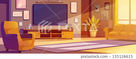 Living room interior background for banner design. Empty apartment with sofa and armchair, big tv screen and picture frames at wall, plants and decor, window with curtain. Vector cartoon illustration 135126615