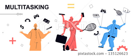 Multitasking concept in flat cartoon design for web banner. People doing different tasks in same time in office, managing time for work, playing, talking, earning money, other. Vector illustration. 135126623