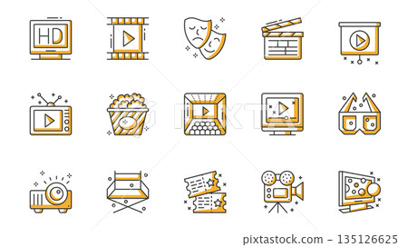 Cinema icons set in outline stroke design for web. Pack line pictograms with television, movie, film strip, theater mask, director clapperboard, popcorn, video, 3d glasses, other. Vector illustration. 135126625