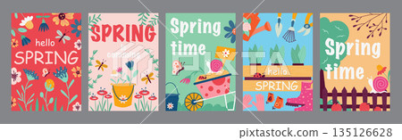 Hello spring time typography template posters. Vertical covers with springtime flowers, wheelbarrow, buckets, season gardening tools. Modern banners set in minimalism design. Vector illustration. Hello spring time typography template posters. Vertical covers with springtime flowers, wheelbarrow, buckets, season gardening tools. Modern banners set in minimalism design. Vector illustration. 135126628