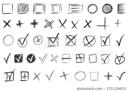 Hand drawn check marks mega set elements in flat graphic design. Bundle objects of black scribble pencil checkboxes, chalk tick and cross symbols in squares or circles forms. Vector illustration. Hand drawn check marks mega set elements in flat graphic design. Bundle objects of black scribble pencil checkboxes, chalk tick and cross symbols in squares or circles forms. Vector illustration. 135126633