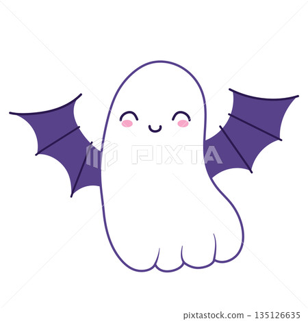Halloween cute ghost in flat design. Funny spirit with vampire bat wings. Vector illustration isolated. 135126635