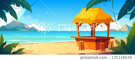 Tropical summer cafe at sea beach background banner for game design. Coastal wooden bar with with straw roof, chairs, tropical palm trees silhouettes in sunshine blue sky. Vector cartoon illustration Tropical summer cafe at sea beach background banner for game design. Coastal wooden bar with with straw roof, chairs, tropical palm trees silhouettes in sunshine blue sky. Vector cartoon illustration 135126639