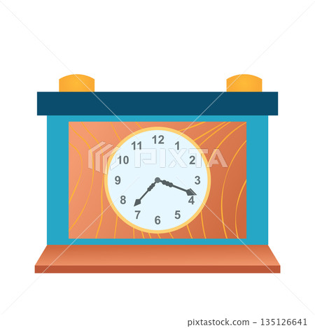 Vintage clock with alarm in flat design. Retro wooden square shape clock. Vector illustration isolated. 135126641