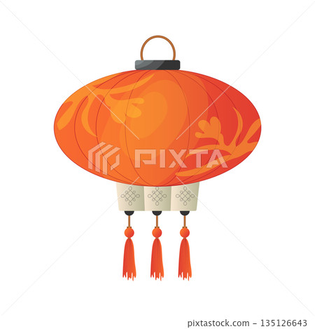 Chinese lantern in flat design. Round shape of red paper lamp with tassels. Vector illustration isolated. Chinese lantern in flat design. Round shape of red paper lamp with tassels. Vector illustration isolated. 135126643