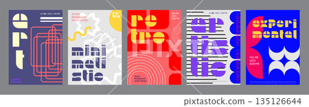 Minimalism geometric poster cover set. A4 banners with brutalism simple forms, line square grids, abstract stars, flowers, groovy shapes. Modernism art design with Y2K aesthetics. Vector illustration. Minimalism geometric poster cover set. A4 banners with brutalism simple forms, line square grids, abstract stars, flowers, groovy shapes. Modernism art design with Y2K aesthetics. Vector illustration. 135126644
