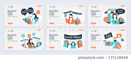 Black friday shopping concept of landing page with slide templates set in flat design. Website headers with people making purchases with special discount prices on season sale. Vector illustrations. 135126649