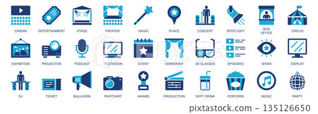 Show and entertainment icon set in flat duotone solid icons web design. Pack pictograms with cinema, theater, magic, place, concert, box office, circus, exhibition, event, other. Vector illustration. 135126650