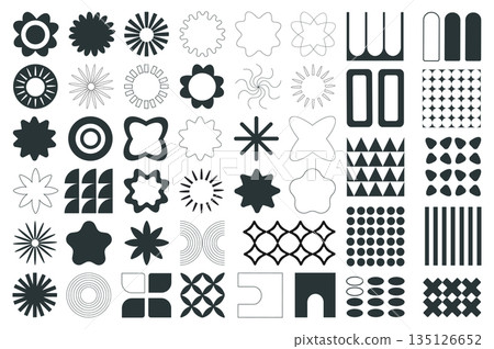 Brutalist geometric shapes mega set elements in flat graphic design. Bundle objects of simplicity symbols with flowers, suns, stars, circles, squares, grids, curves and other. Vector illustration. 135126652