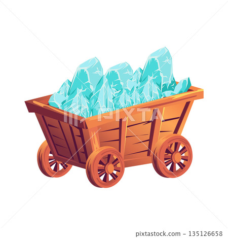 Mining cart with blue crystals in flat design. Wooden wheelbarrow with gems. Vector illustration isolated. 135126658