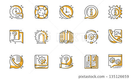 Help and support icons set in outline stroke design for web. Pack line pictograms with clock, lifebuoy, call, info, question, headset, answer, consultation, client, contact, other. Vector illustration Help and support icons set in outline stroke design for web. Pack line pictograms with clock, lifebuoy, call, info, question, headset, answer, consultation, client, contact, other. Vector illustration 135126659