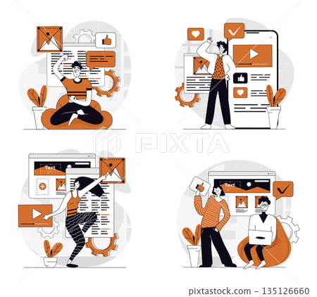 Content manager concept set in flat design for web. Collection with people creating text, photos, images, videos and other graphic contents for webpage filling and online posts. Vector illustrations. 135126660