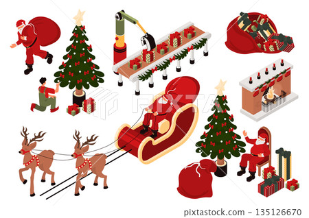 Christmas 3d isometric mega set in isometry graphic design. Collection elements of Santa Claus with gift bag, tree, festive tree, reindeers in sleigh, fireplace, presents, other. Vector illustration. Christmas 3d isometric mega set in isometry graphic design. Collection elements of Santa Claus with gift bag, tree, festive tree, reindeers in sleigh, fireplace, presents, other. Vector illustration. 135126670