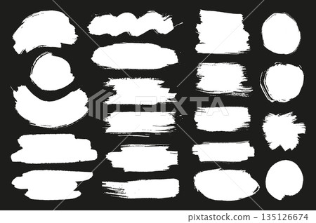 White ink stains mega set in flat graphic design. Collection elements of abstract grunge paint shapes with torn borders, messy watercolor stroke paints, rough paintbrush texture. Vector illustration. 135126674