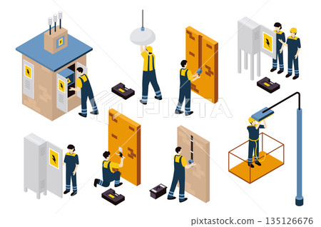 Technician electrics 3d isometric mega set in isometry graphic design. Collection elements of transformer booth, lamp repair, cables fixing, wiring, electrician service, other. Vector illustration. Technician electrics 3d isometric mega set in isometry graphic design. Collection elements of transformer booth, lamp repair, cables fixing, wiring, electrician service, other. Vector illustration. 135126676