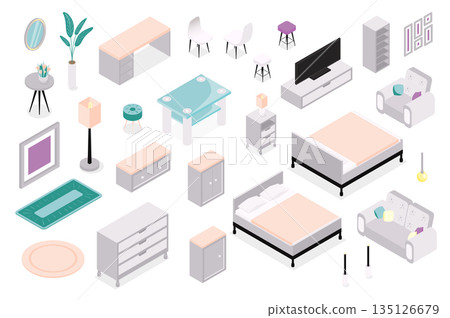 Furniture 3d isometric mega set in isometry graphic design. Collection elements of mirror, plant, table, carpet, floor lamp, nightstand, chest, bed, armchair, tv, chair, other. Vector illustration. 135126679