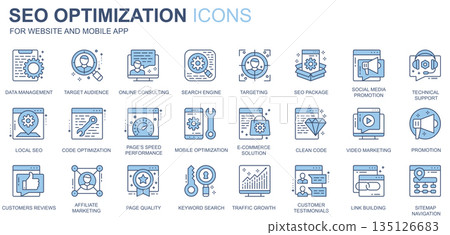 SEO optimization web icons set in duotone line design. Pack of data management, target audience, online consulting, search engine, social media, other outline stroke pictograms. Vector illustration SEO optimization web icons set in duotone line design. Pack of data management, target audience, online consulting, search engine, social media, other outline stroke pictograms. Vector illustration 135126683