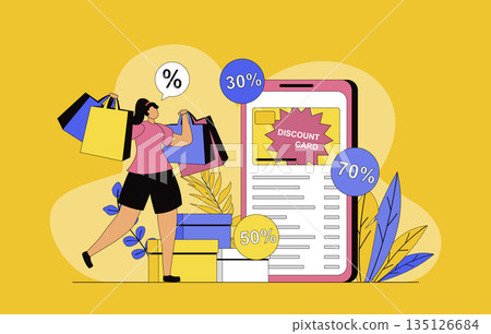 Shop loyalty program concept with modern flat design for web. Woman receiving discount card with cumulative bonuses for regular customer from store and making bargain purchases. Vector illustration. 135126684
