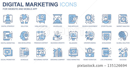 Digital marketing web icons set in duotone line design. Pack of strategy, solution, hourglass, paid article, search investment, storytelling, idea, other outline stroke pictograms. Vector illustration Digital marketing web icons set in duotone line design. Pack of strategy, solution, hourglass, paid article, search investment, storytelling, idea, other outline stroke pictograms. Vector illustration 135126694