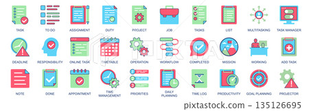 Task icon set in flat color icons web design. Pack pictograms with to do, assignment, duty, project, job, list, multitasking, deadline, responsibility, timetable, workflow, other. Vector illustration. Task icon set in flat color icons web design. Pack pictograms with to do, assignment, duty, project, job, list, multitasking, deadline, responsibility, timetable, workflow, other. Vector illustration. 135126695