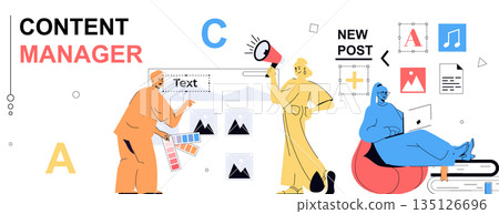 Content manager concept in flat cartoon design for web banner. People filling sites with images graphics, selecting color palette, writing articles, creating posts in online blog. Vector illustration. 135126696