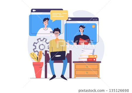 Video conference concept in modern flat design for web. Colleagues connecting online via zoom call from laptop program, speaking and discussing work, doing tasks remotely in team. Vector illustration. Video conference concept in modern flat design for web. Colleagues connecting online via zoom call from laptop program, speaking and discussing work, doing tasks remotely in team. Vector illustration. 135126698
