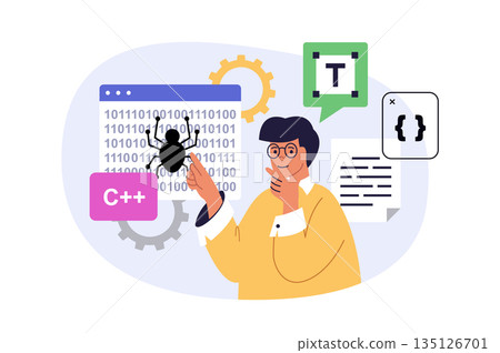 Programming concept in modern flat design for web. Man coding and working at software development, making improvements and optimization, fixing bugs and solving code problems. Vector illustration. 135126701