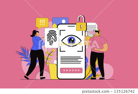 Biometric access control concept with modern flat design for web. Woman and man unlocking mobile phone using fingerprint scanner and eye recognition. Personal data protection. Vector illustration. Biometric access control concept with modern flat design for web. Woman and man unlocking mobile phone using fingerprint scanner and eye recognition. Personal data protection. Vector illustration. 135126742