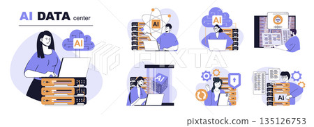 AI data center concept set in flat web design. People in isolated scenes using network computing with artificial intelligence technology, cloud processing and server computing. Vector illustrations. AI data center concept set in flat web design. People in isolated scenes using network computing with artificial intelligence technology, cloud processing and server computing. Vector illustrations. 135126753