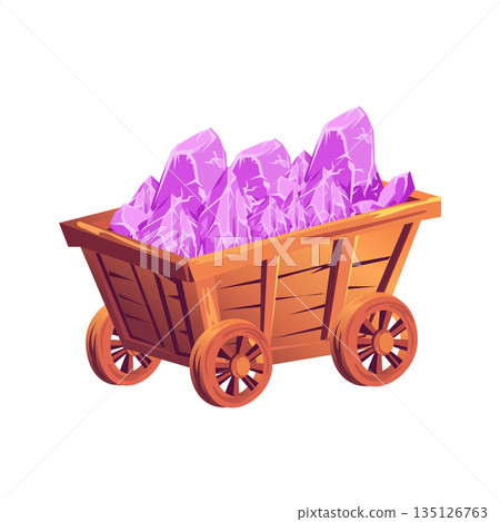Mining cart with pink crystals in flat design. Wheelbarrow with treasure. Vector illustration isolated. 135126763