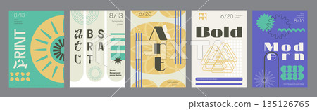 Minimalism geometric poster cover set. A4 banners with brutalism bold shapes, star or flower elements, creative typescript and patterns. Modernism art design with Y2K aesthetics. Vector illustration. Minimalism geometric poster cover set. A4 banners with brutalism bold shapes, star or flower elements, creative typescript and patterns. Modernism art design with Y2K aesthetics. Vector illustration. 135126765