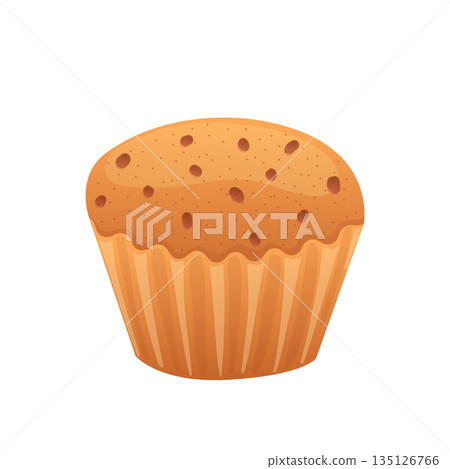 Cupcake in flat design. Sweet brown muffin in cup with chocolate chips. Vector illustration isolated. Cupcake in flat design. Sweet brown muffin in cup with chocolate chips. Vector illustration isolated. 135126766